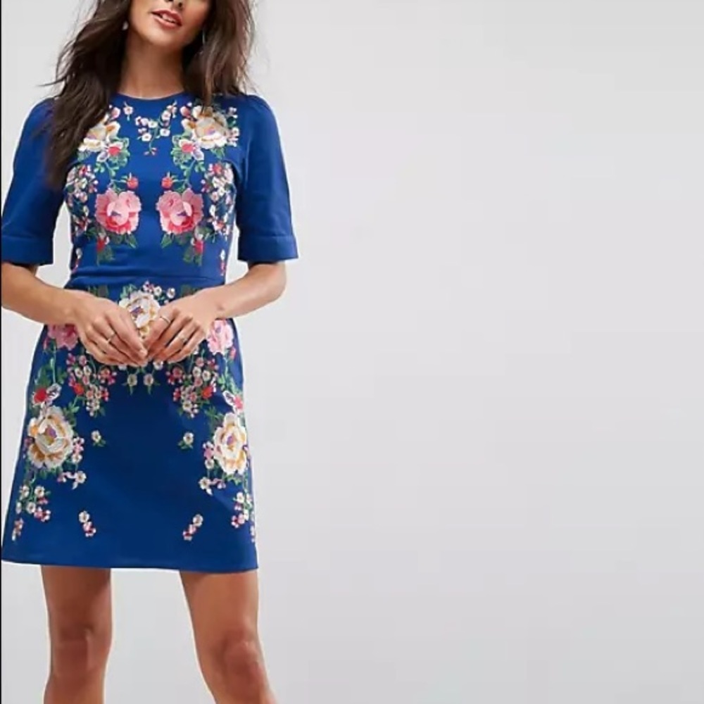 ASOS Blue Embroidered Floral Open Back Dress Sz 2